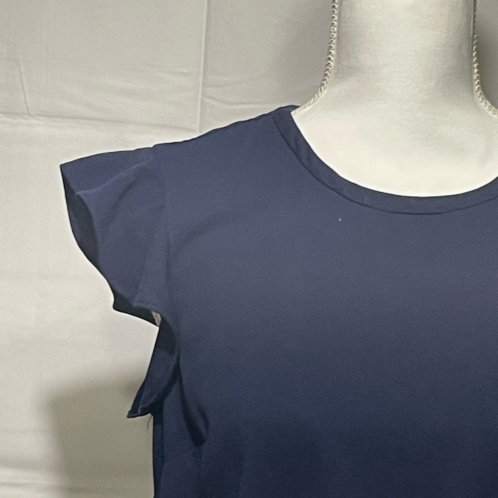 J. Crew Navy Ruffle Sleeve Top, Zipper Closure in Back. So much nicer in person. - Picture 3 of 13